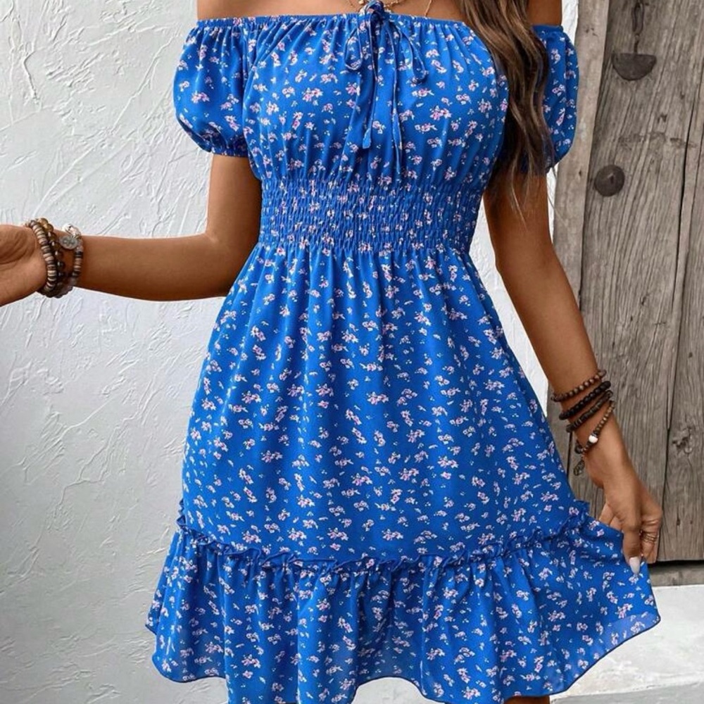 SHEIN Blue Floral Off-Shoulder Mini Dress